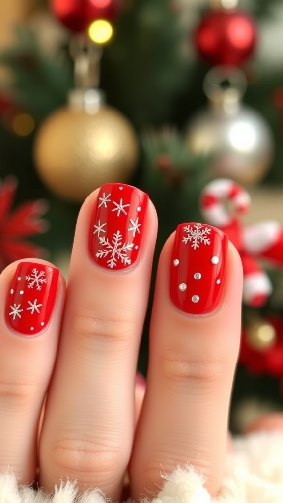 Short Red and Silver Christmas Nail Art Short red nails with silver accents and festive designs for Christmas.